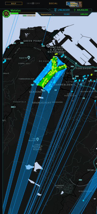 An Intel screenshot, showing the completed South African Flag field art, illuminated like the bat signal